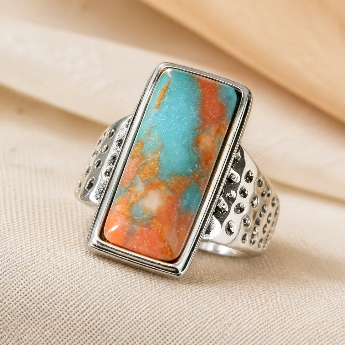 Rectangular Turquoise Statement Ring with Textured Silver-Tone Band — main image