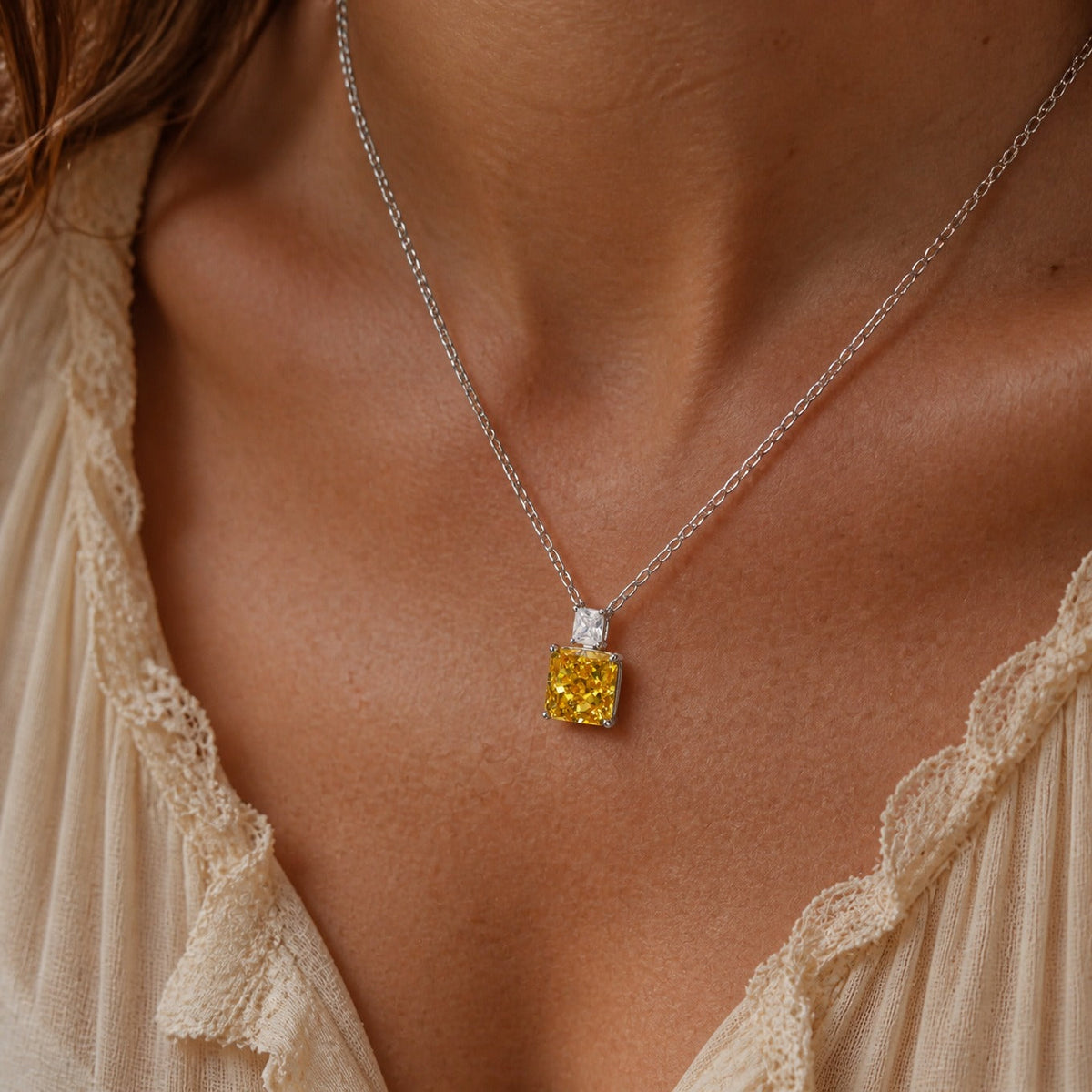 Square-Cut Golden Cubic Zirconia Pendant Necklace with Clear Accent Stone — main image