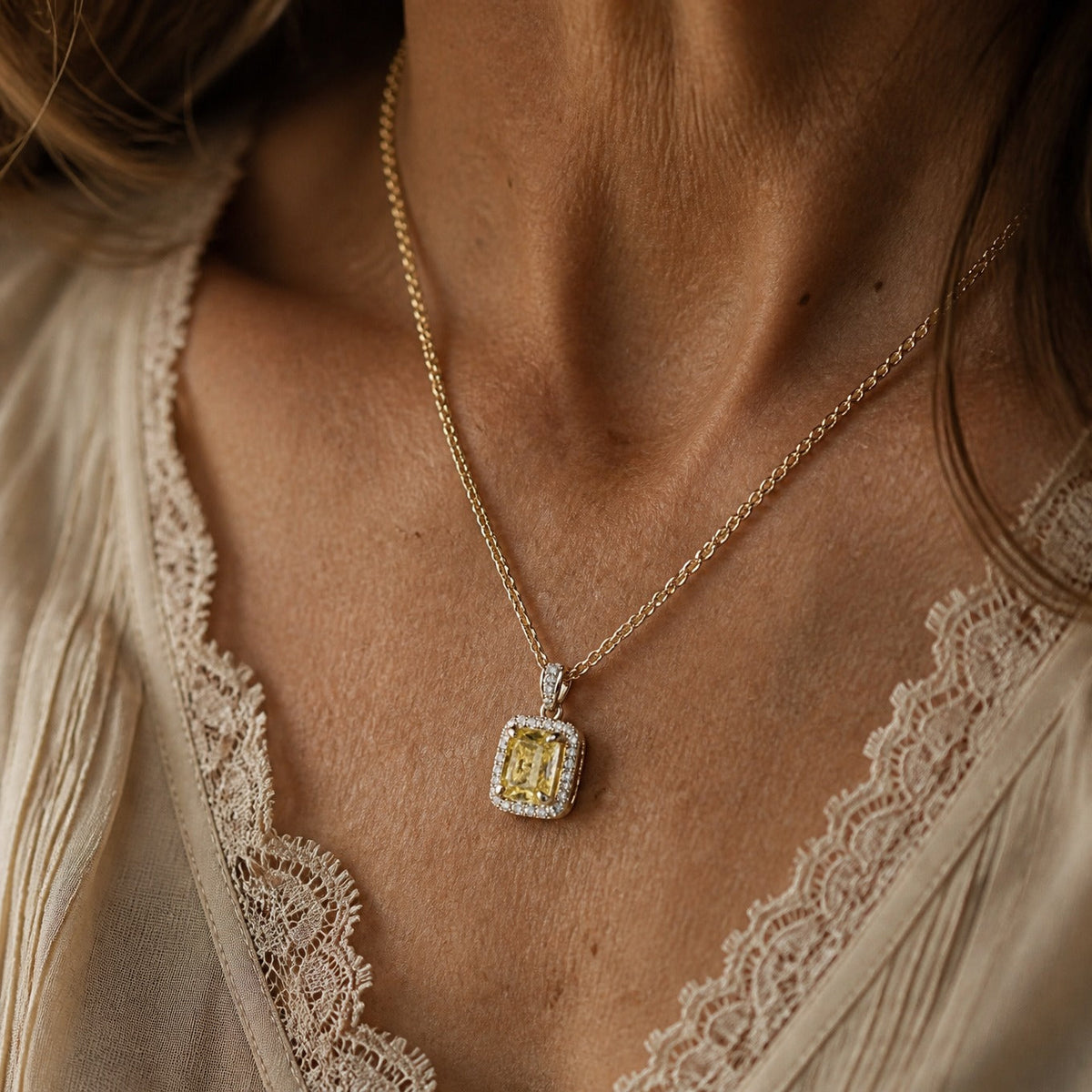 Cushion-Cut Yellow Stone Pendant Necklace with Halo Setting — main image