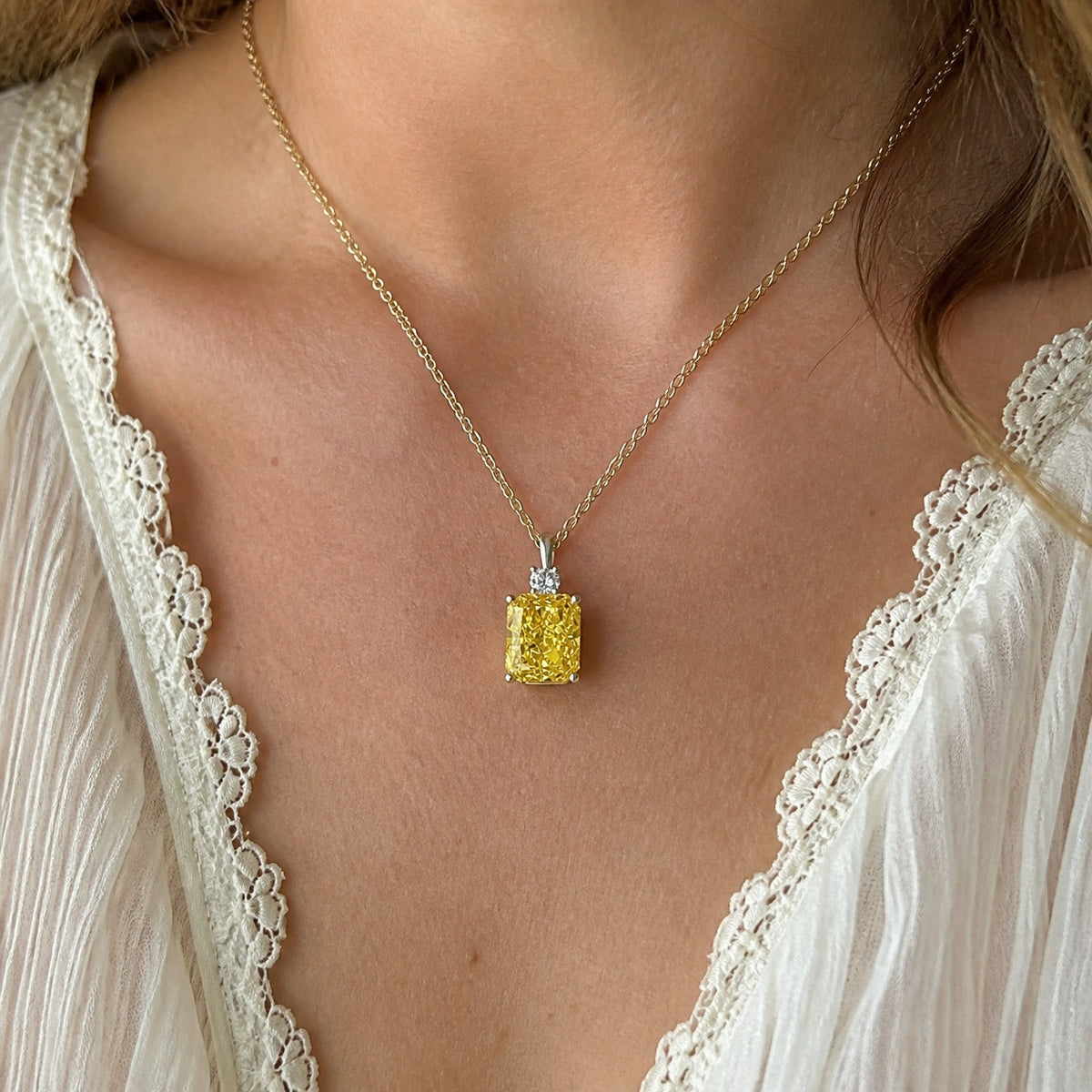 Cushion-Cut Yellow Stone Pendant Necklace with Accent Detail — main image