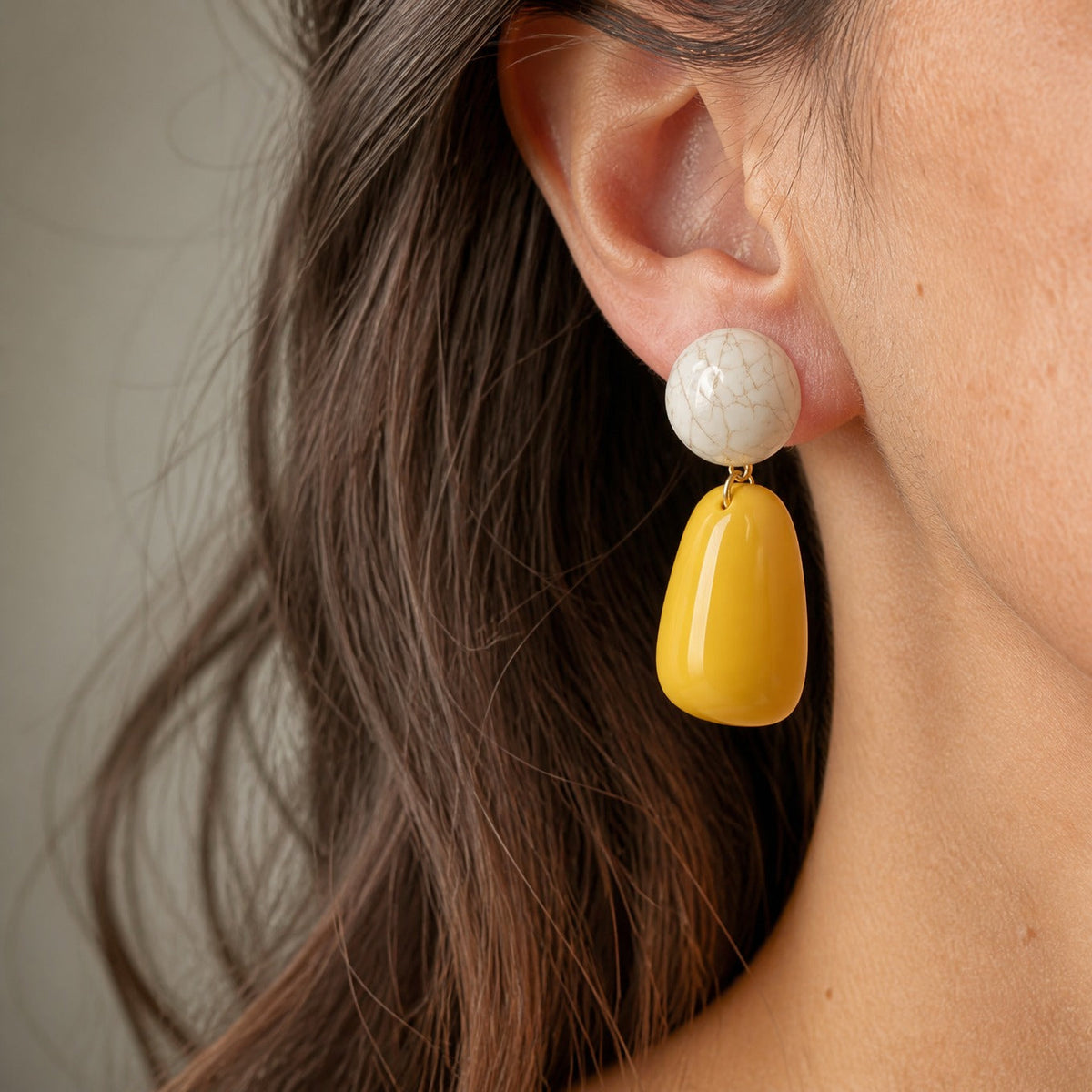 White Sphere & Golden Teardrop Drop Earrings — main image