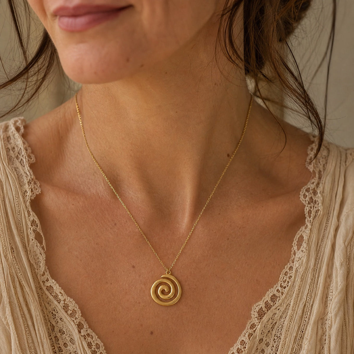 Spiral Pendant Necklace with Concentric Circle Design in Gold Tone — view 2