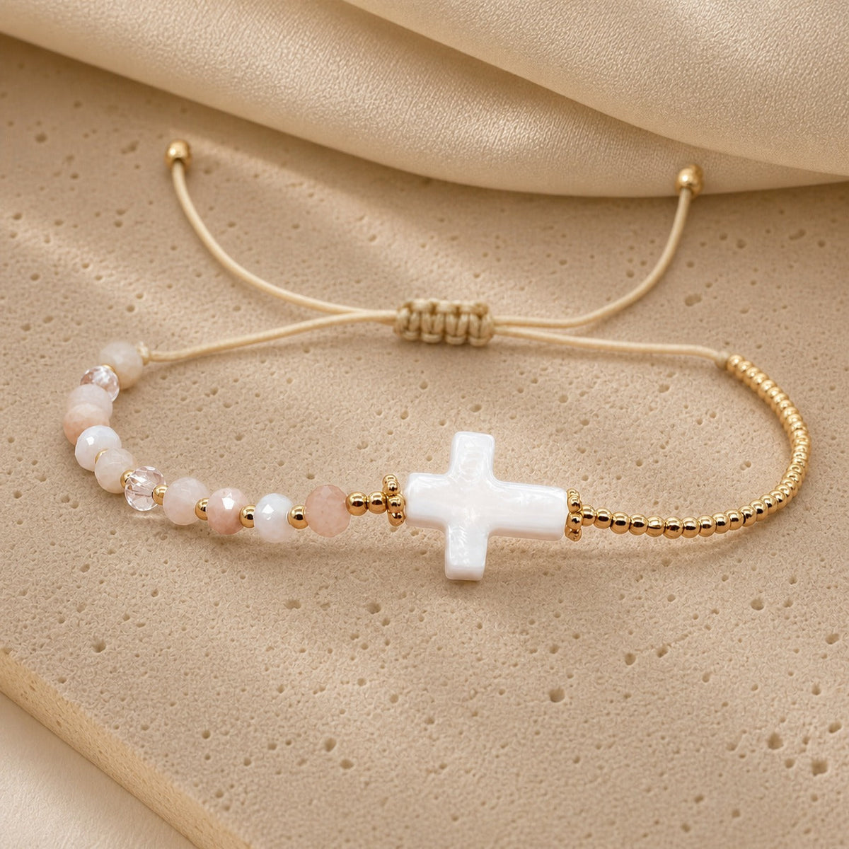 Mother-of-Pearl Cross Beaded Bracelet with Rose Quartz and Crystal Beads — main image