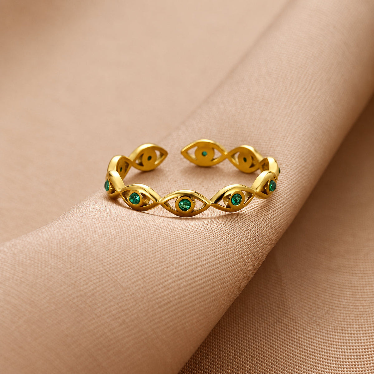 Evil Eye Green Stone Ring with Open Band Design — main image
