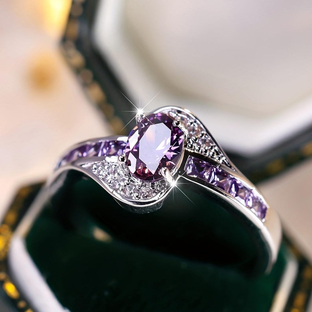 Oval Violet Crystal Twist Ring with Purple Accent Stones — main image