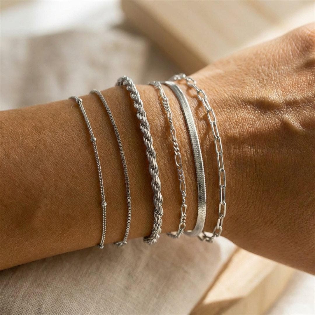 Mixed Metal Chain Bracelet Set, 6 Pieces - Gold, Silver & Rose Gold Tone Layering Bracelets