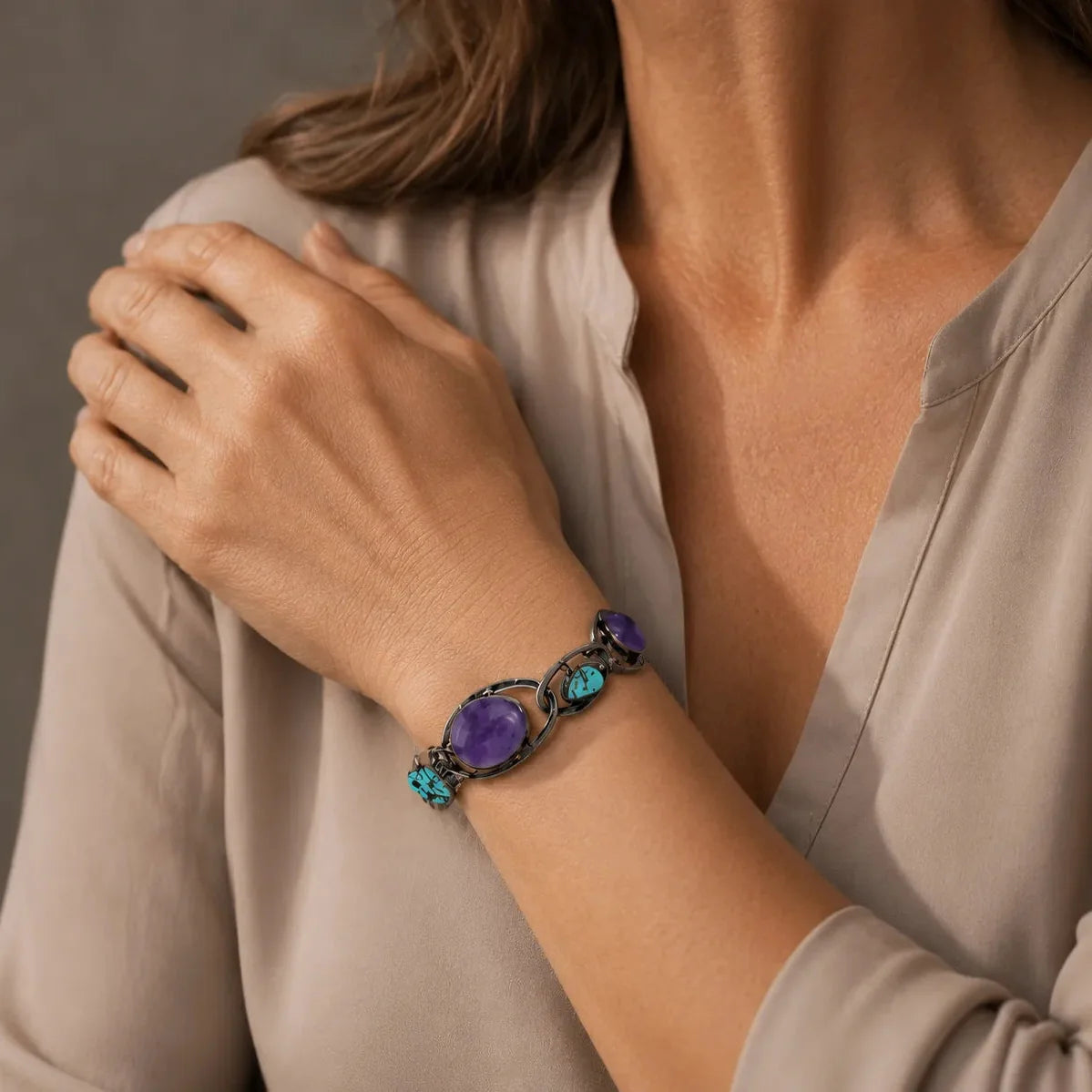 Oval Amethyst Cuff Bracelet with Turquoise Accents
