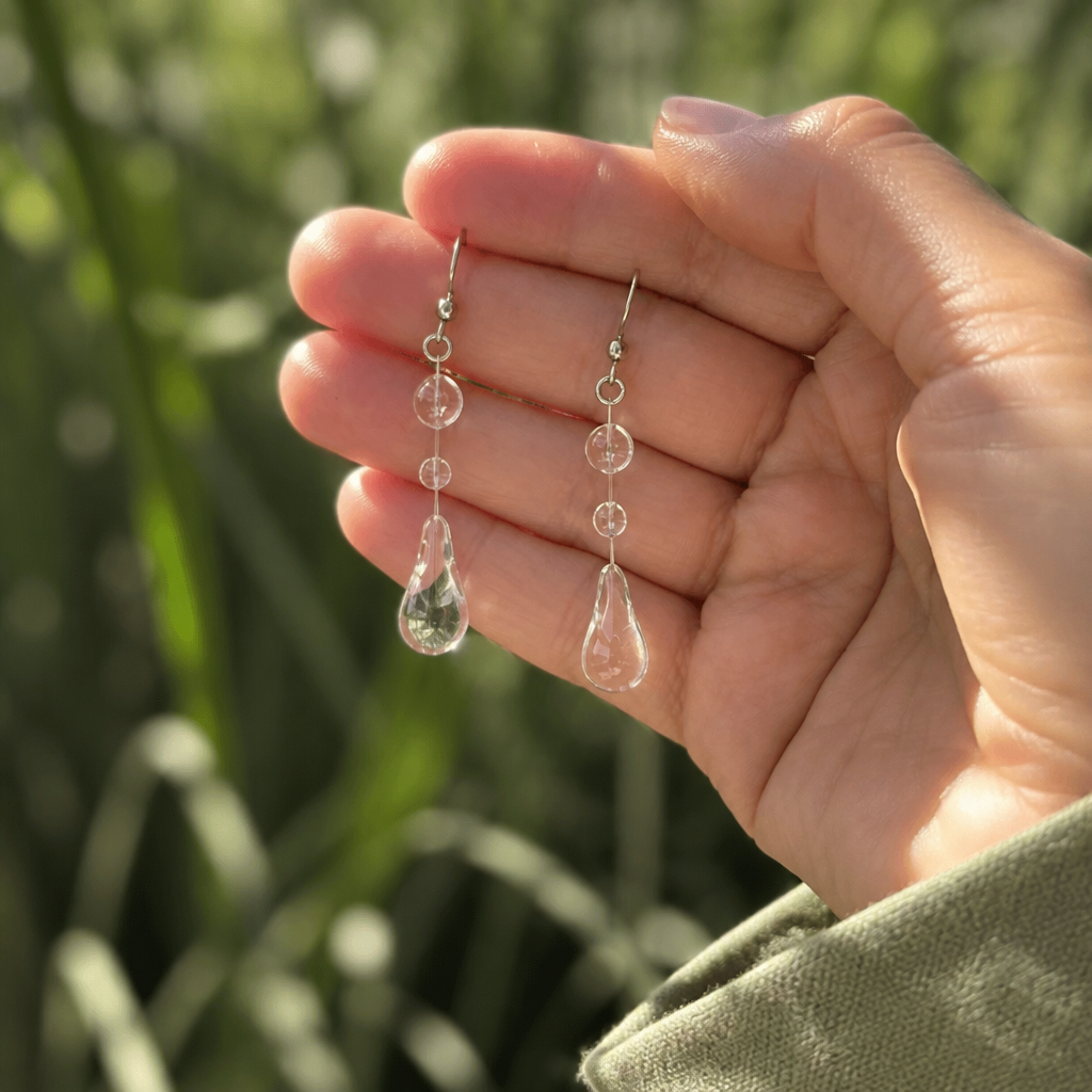 Clear Teardrop Resin Drop Earrings with Beaded Silver-Tone Wire — view 2