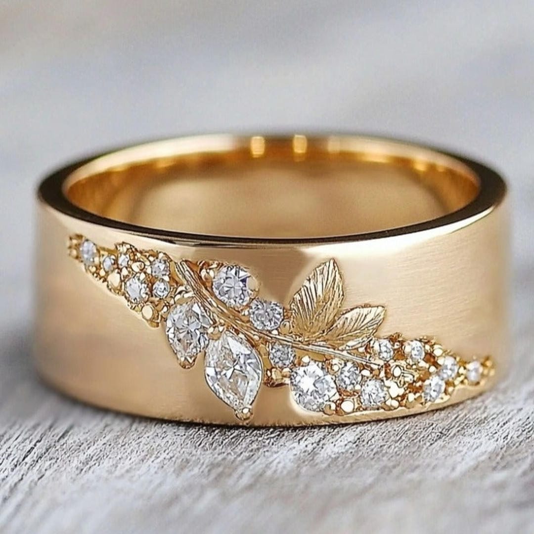 Leaf and Flower Wide Band Ring with Cubic Zirconia in Gold Tone