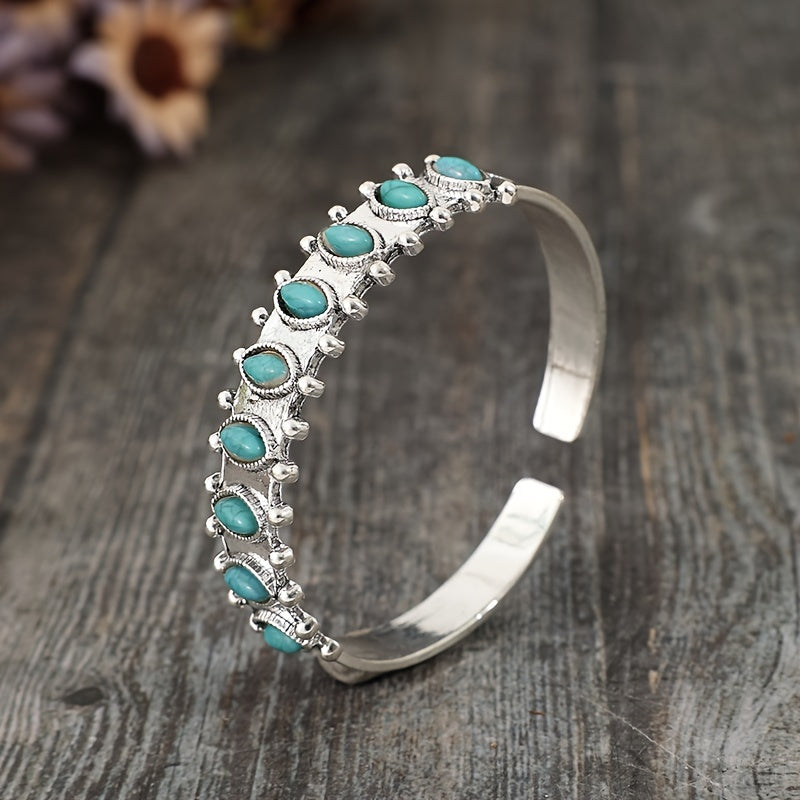 Oval Turquoise Cuff Bracelet with Granulated Silver Bezel Setting