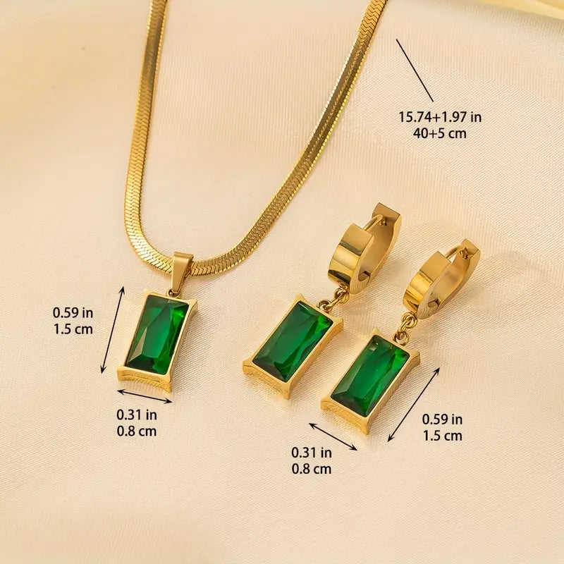 Rectangular Green Stone Pendant Necklace & Earrings Set with Gold-Tone Snake Chain