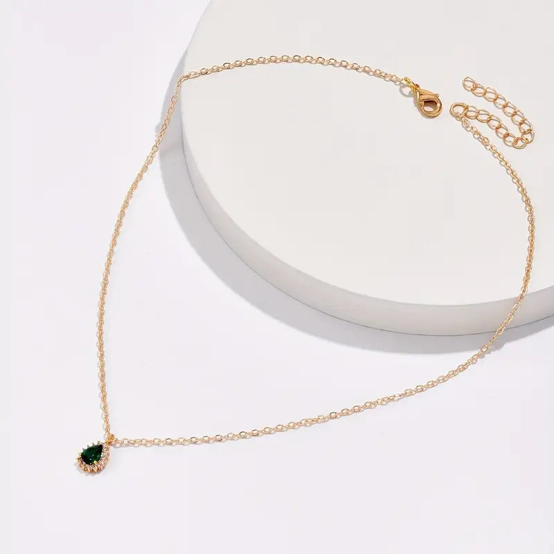 Teardrop Emerald Pendant Necklace with Crystal Halo Setting, Gold Tone Chain