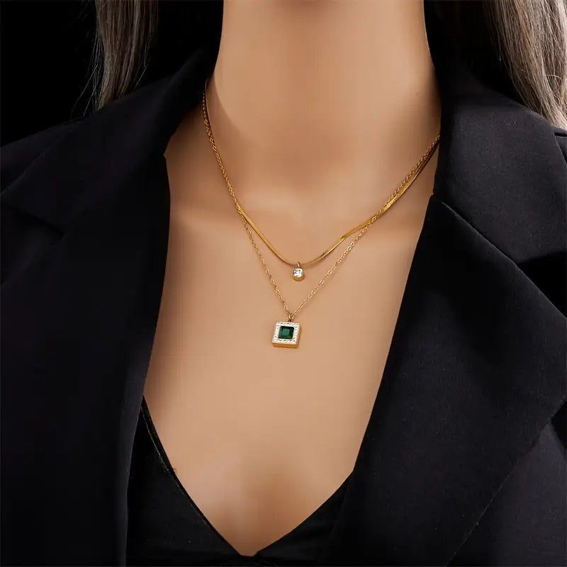 Square Emerald Pendant Layered Necklace with Cubic Zirconia Halo