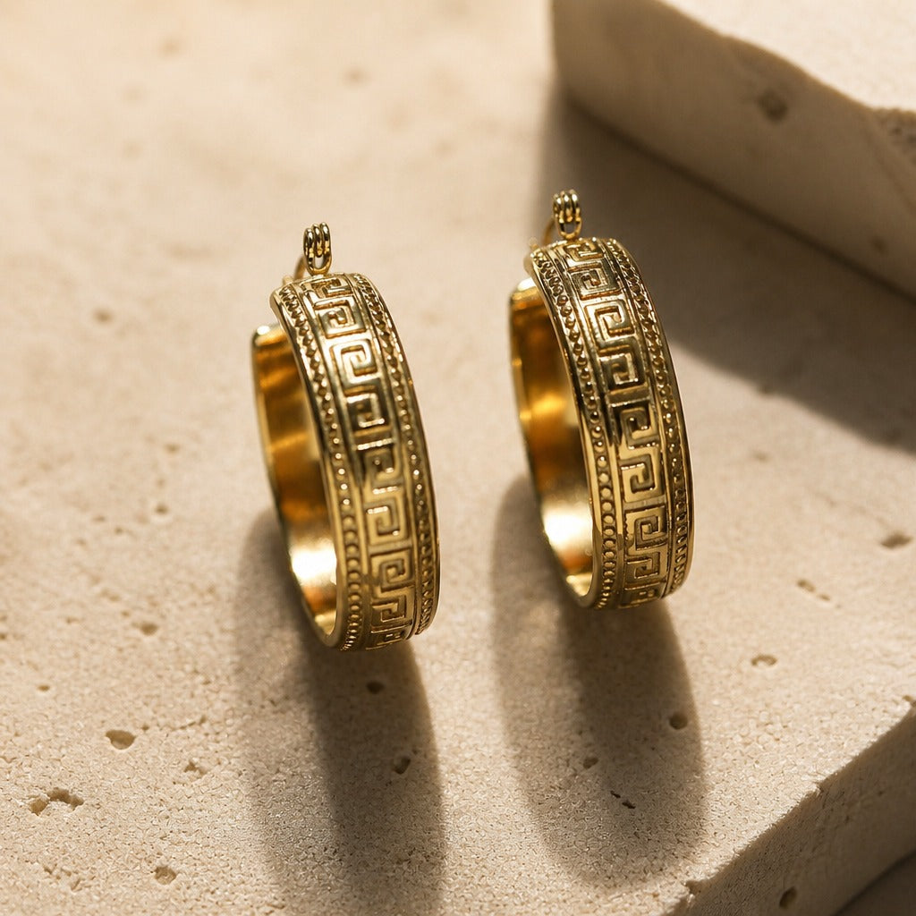 Grecian Key Gold-Tone Hoop Earrings with Beaded Border — view 2