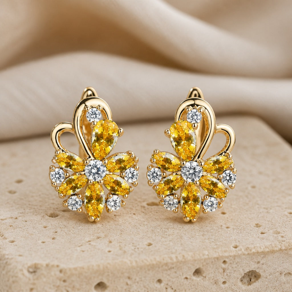 Yellow & White Floral Cluster Earrings with Lever-Back Closure — main image