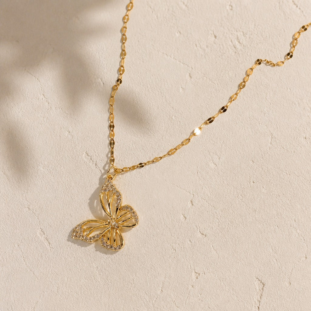 Hollow Butterfly Pendant Necklace with Crystal Wing Accents, Gold-Tone Chain — view 2