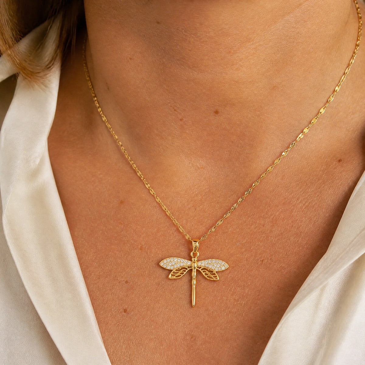 Dragonfly Pendant Necklace with Gold-Tone Cubic Zirconia Accents — main image