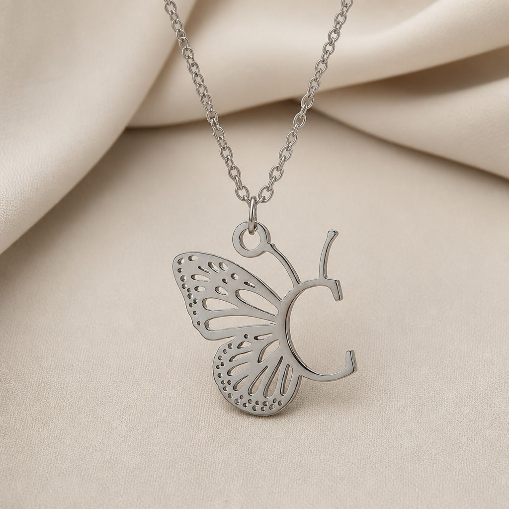 Butterfly Initial Letter Pendant Necklace with Filigree Wings, Gold or Silver Tone — view 7