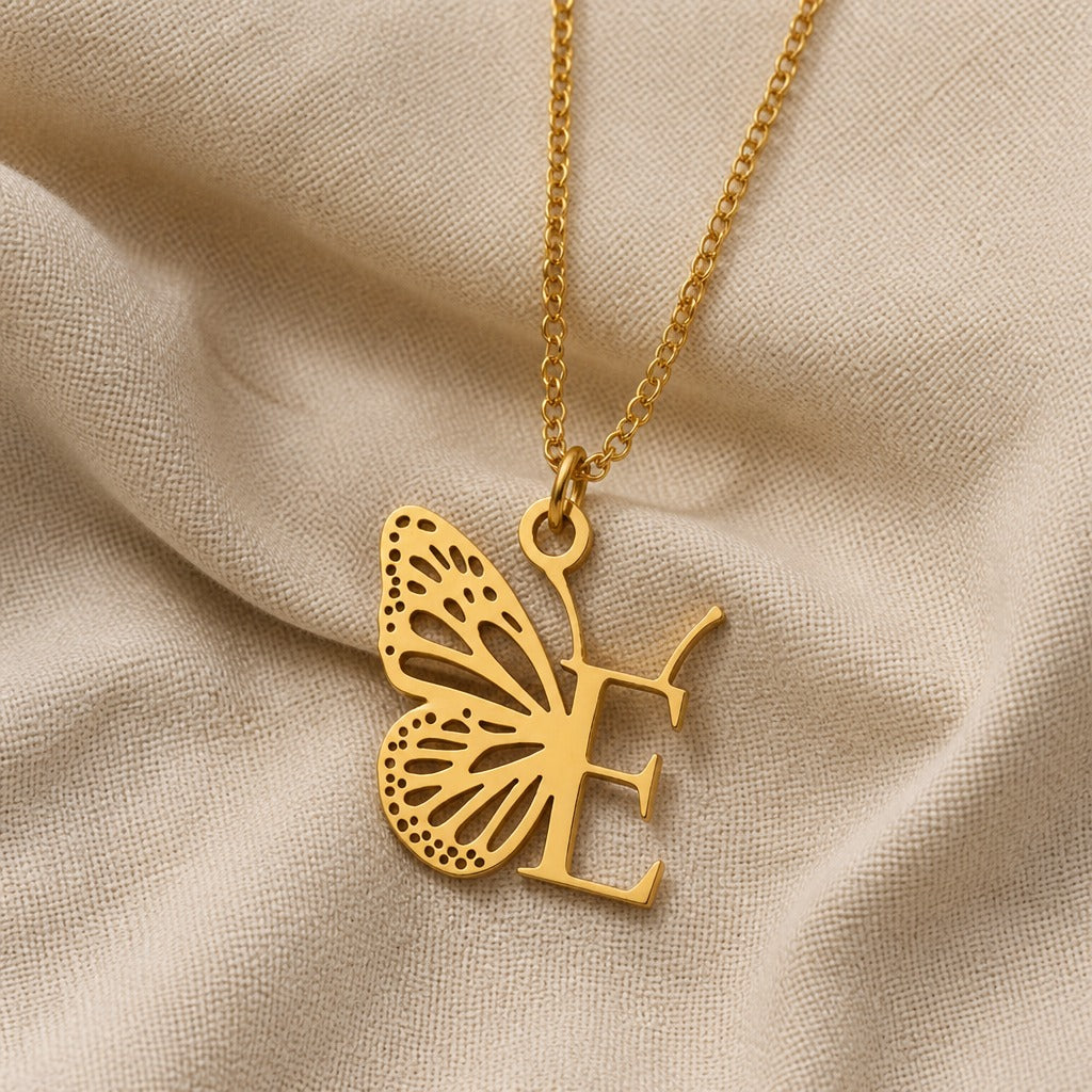 Butterfly Initial Letter Pendant Necklace with Filigree Wings, Gold or Silver Tone — view 10