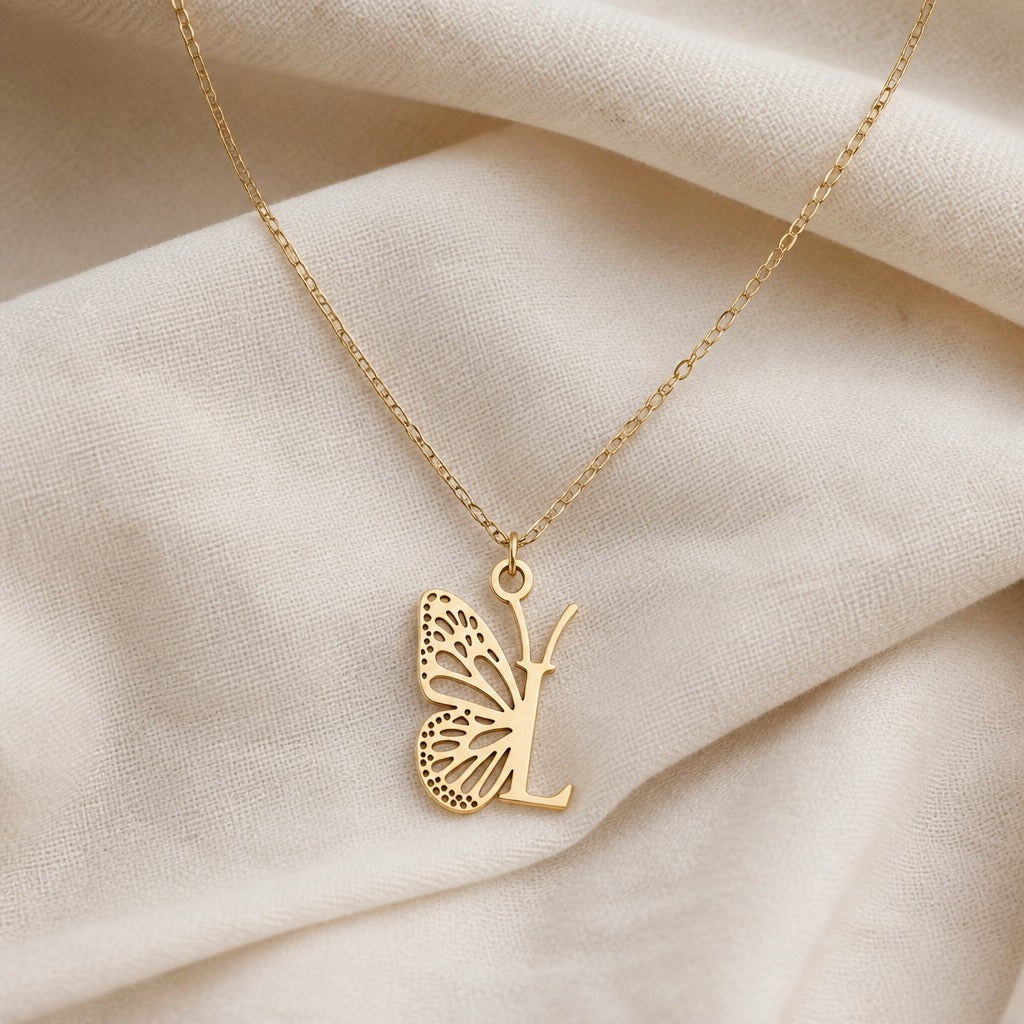 Butterfly Initial Letter Pendant Necklace with Filigree Wings, Gold or Silver Tone — view 24