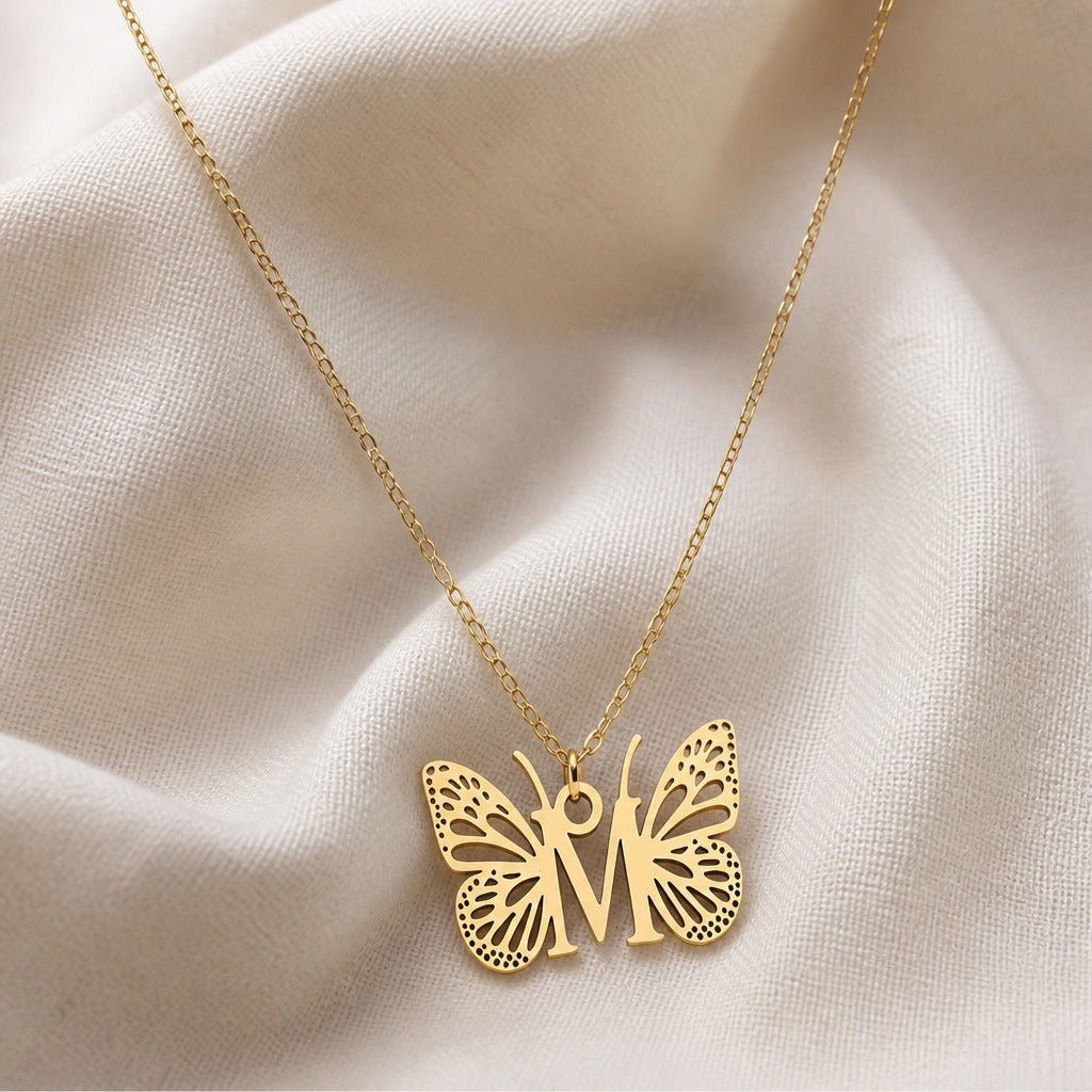 Butterfly Initial Letter Pendant Necklace with Filigree Wings, Gold or Silver Tone — view 26