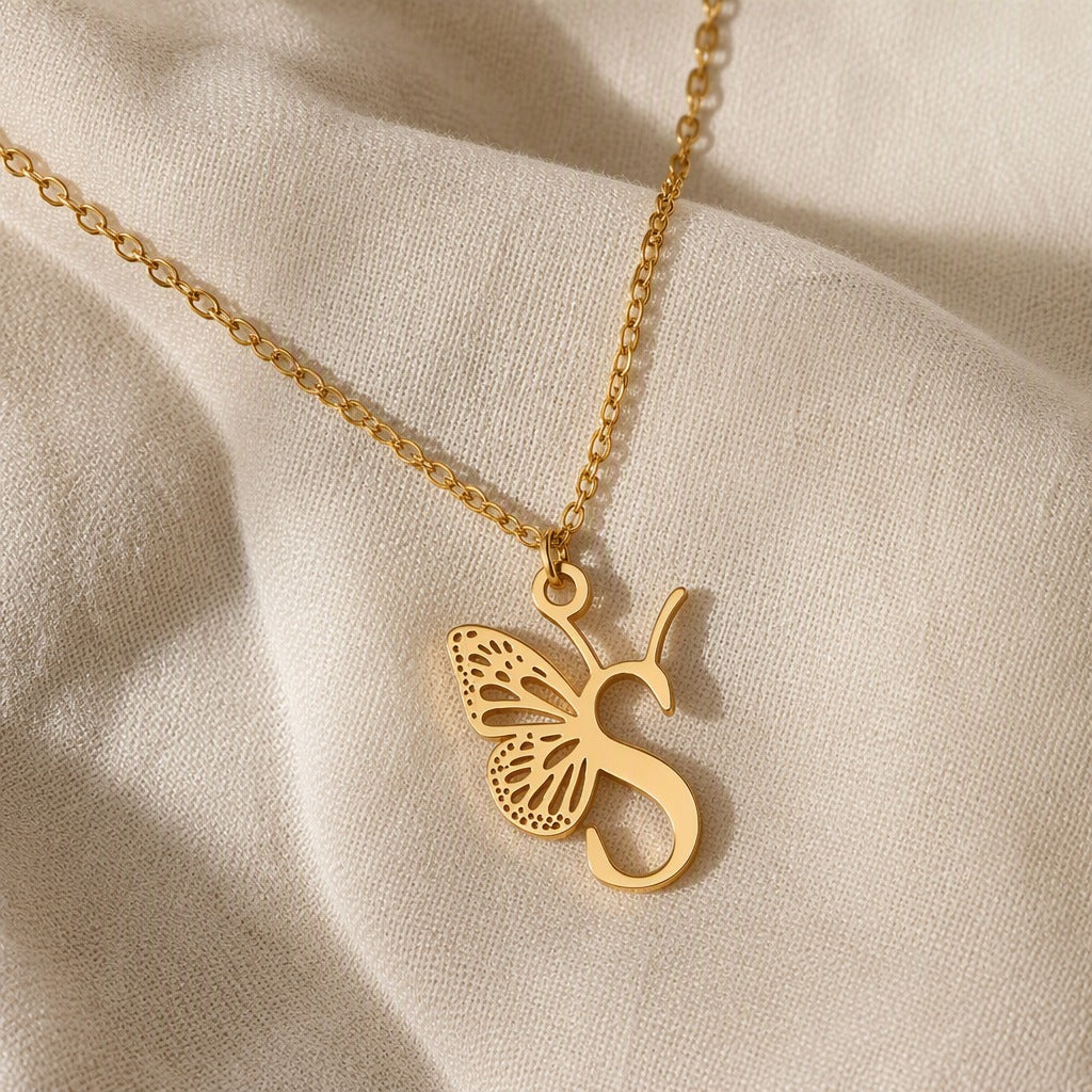 Butterfly Initial Letter Pendant Necklace with Filigree Wings, Gold or Silver Tone — view 38