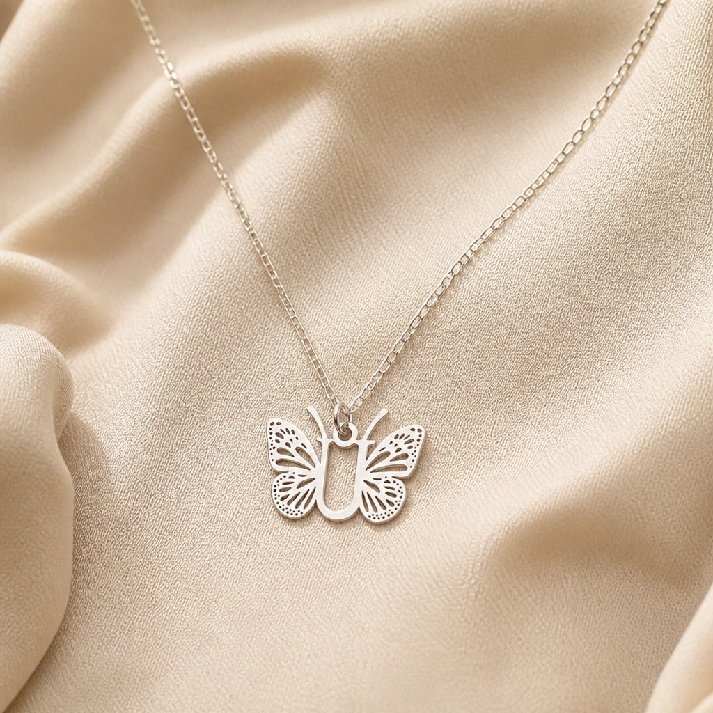 Butterfly Initial Letter Pendant Necklace with Filigree Wings, Gold or Silver Tone — view 43