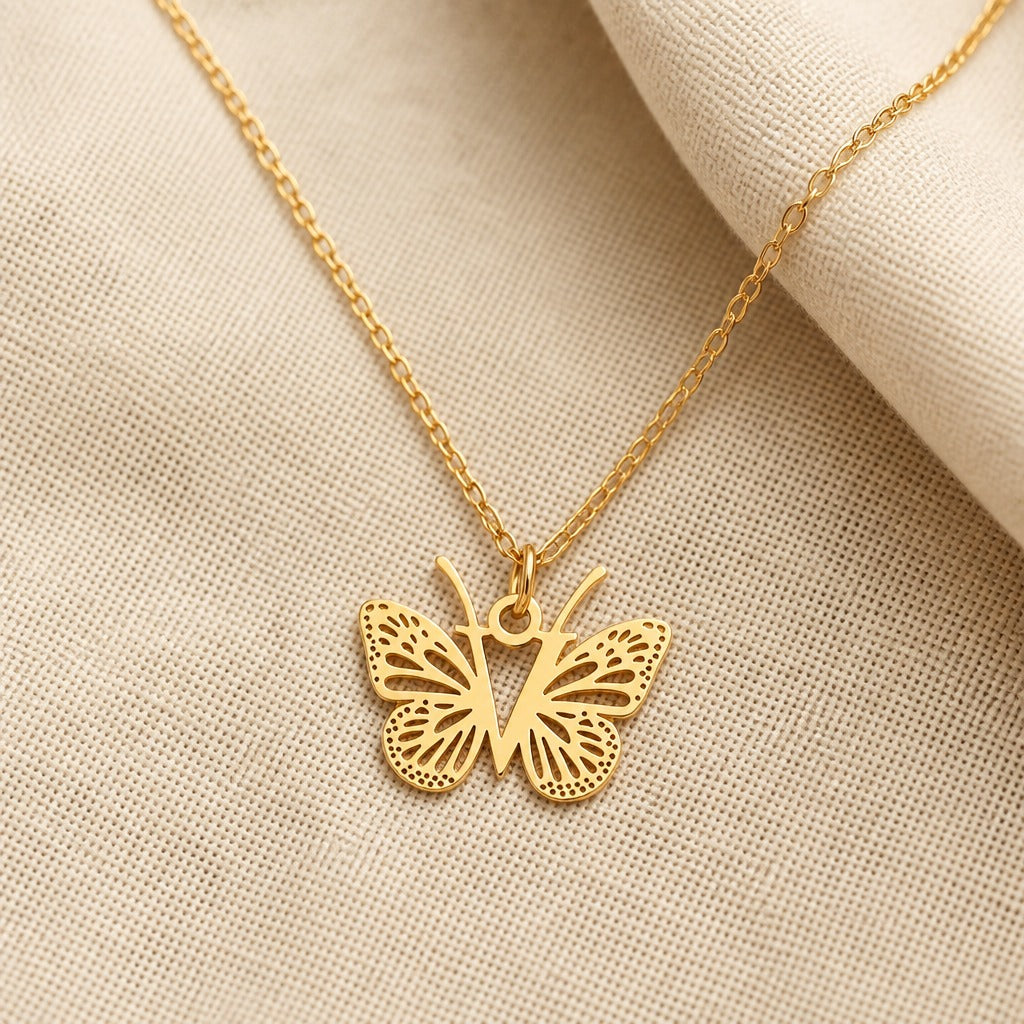 Butterfly Initial Letter Pendant Necklace with Filigree Wings, Gold or Silver Tone — view 44