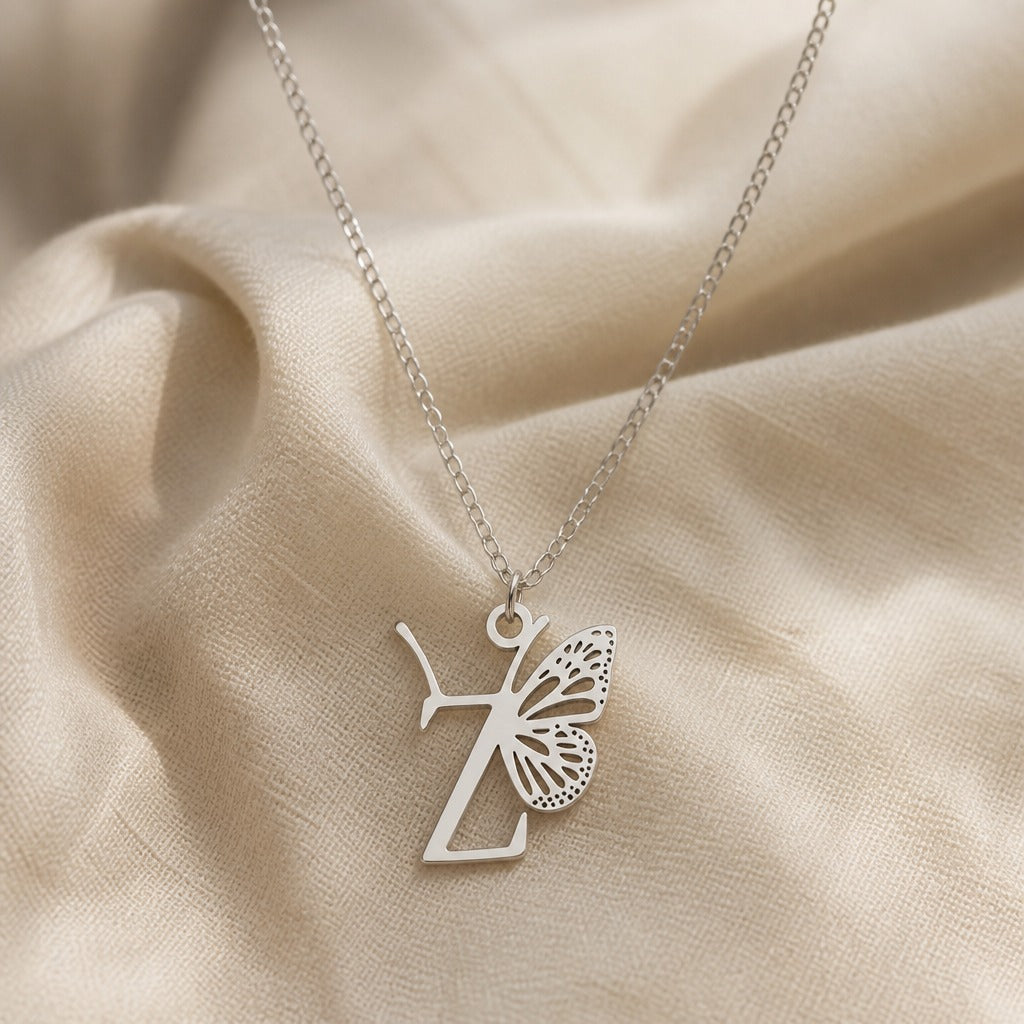 Butterfly Initial Letter Pendant Necklace with Filigree Wings, Gold or Silver Tone — view 53