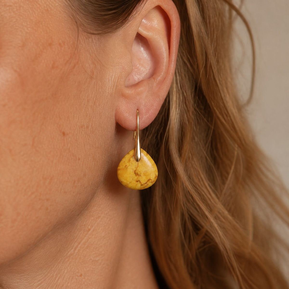 Teardrop Amber Drop Earrings with Curved Hook Wire — main image