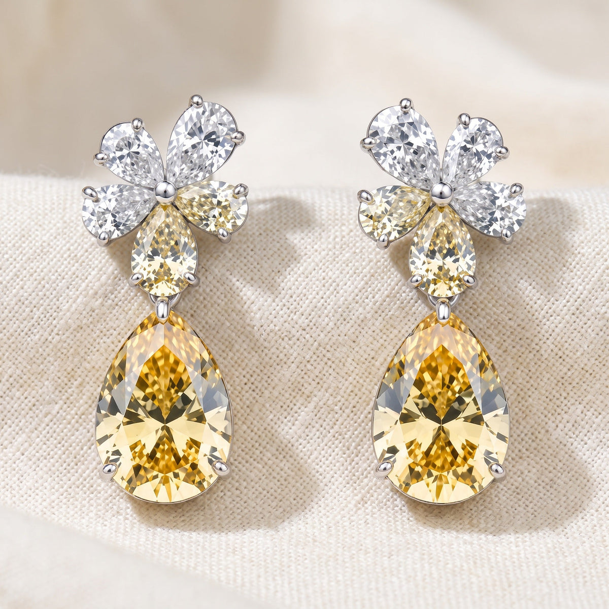 Pear-Cut Yellow Cubic Zirconia Floral Drop Earrings with White Gold-Tone Plating — main image