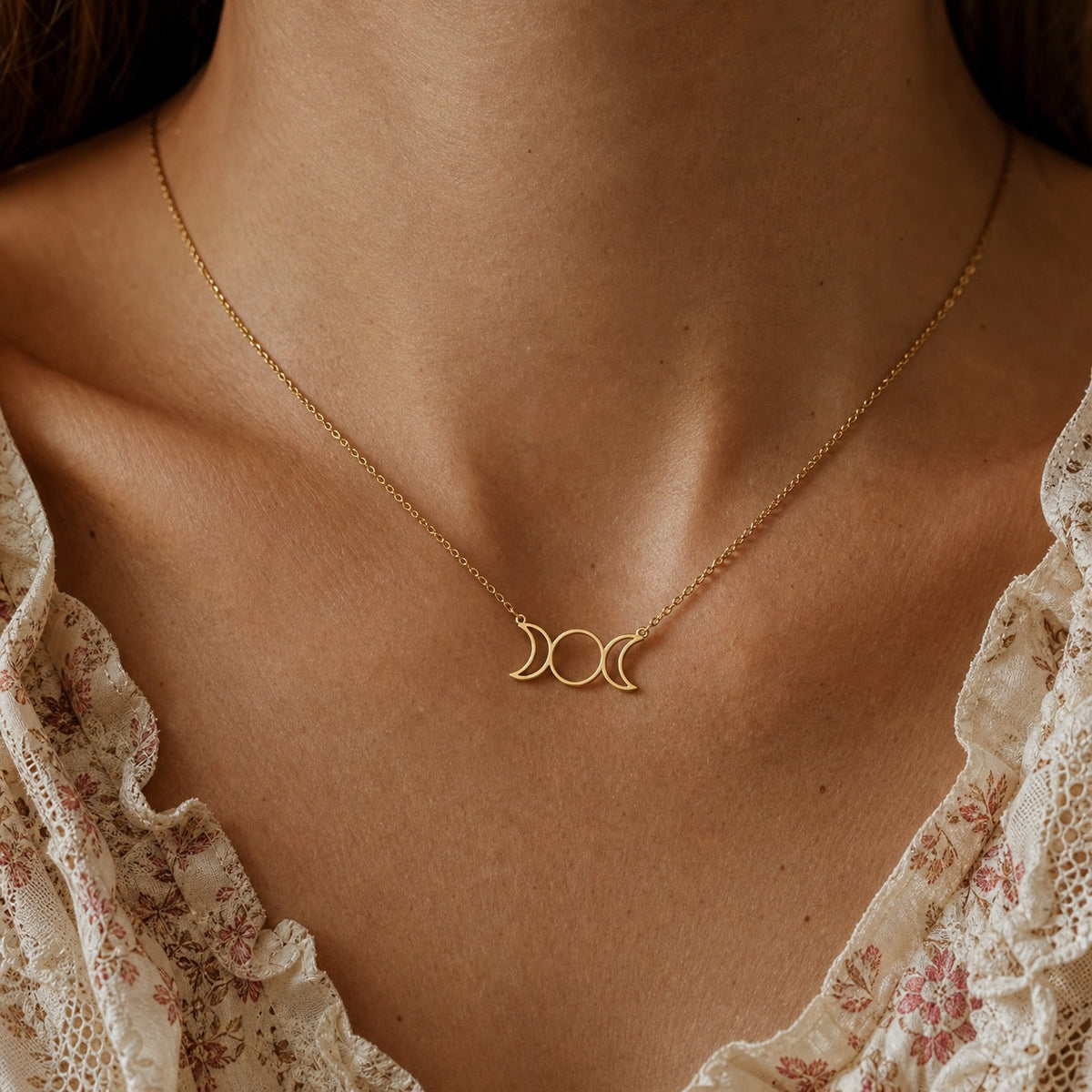 Triple Moon Phase Pendant Necklace with Delicate Gold-Tone Chain — main image