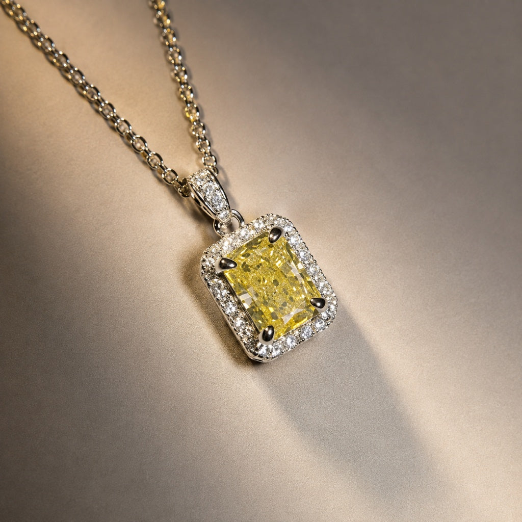 Cushion-Cut Yellow Stone Pendant Necklace with Halo Setting — view 2