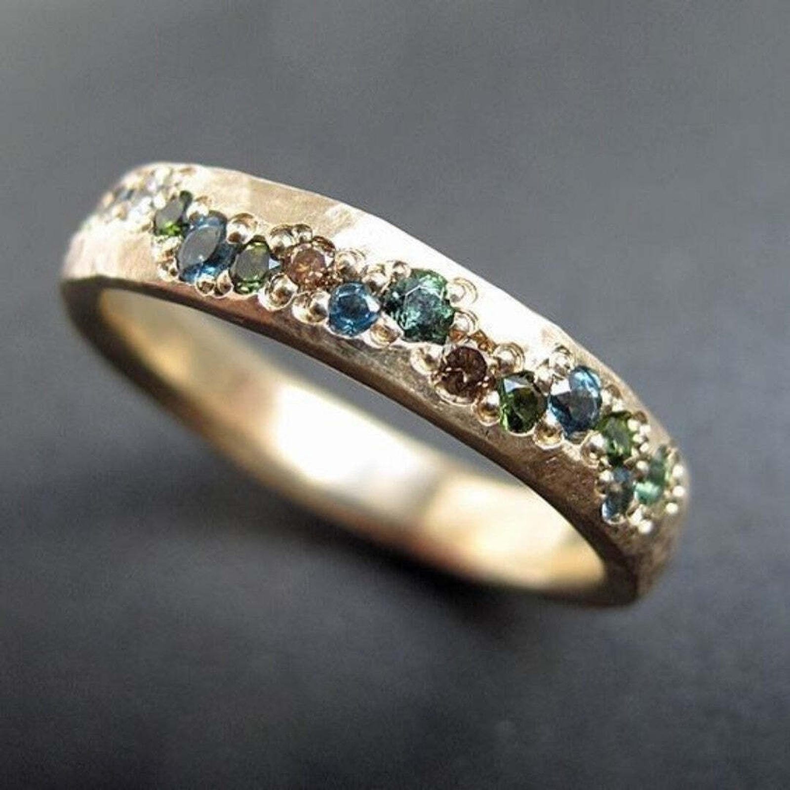 Blue, Green & Smoky Brown Gemstone Line Ring with Gold-Tone Band