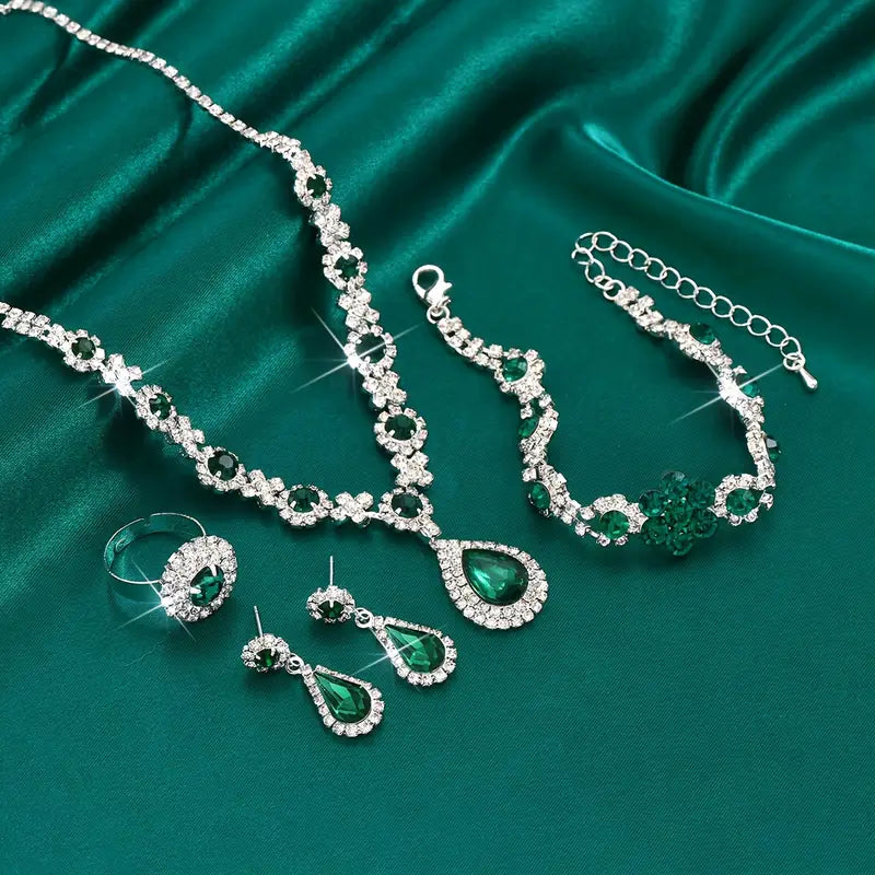Teardrop Emerald Jewelry Set with Crystal Halo Accents, 4-Piece Necklace, Earrings, Bracelet & Ring
