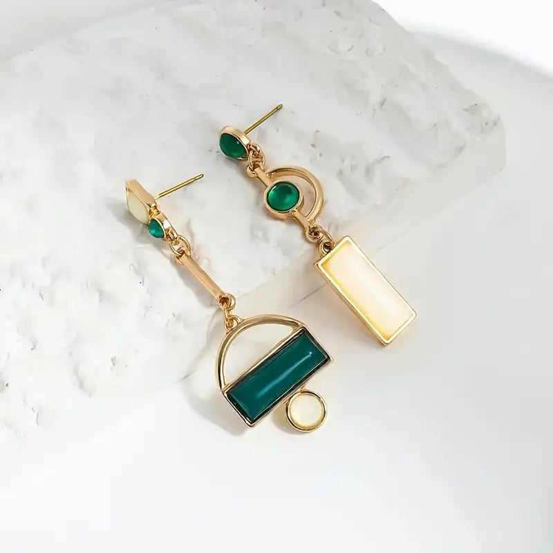 Asymmetrical Emerald and Cream Drop Earrings with Geometric Stones