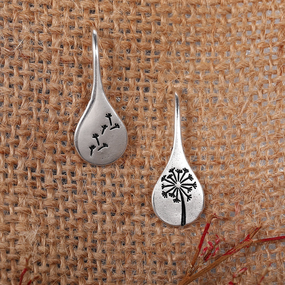 Dandelion Engraved Teardrop Drop Earrings in Vintage Silver-Tone Copper