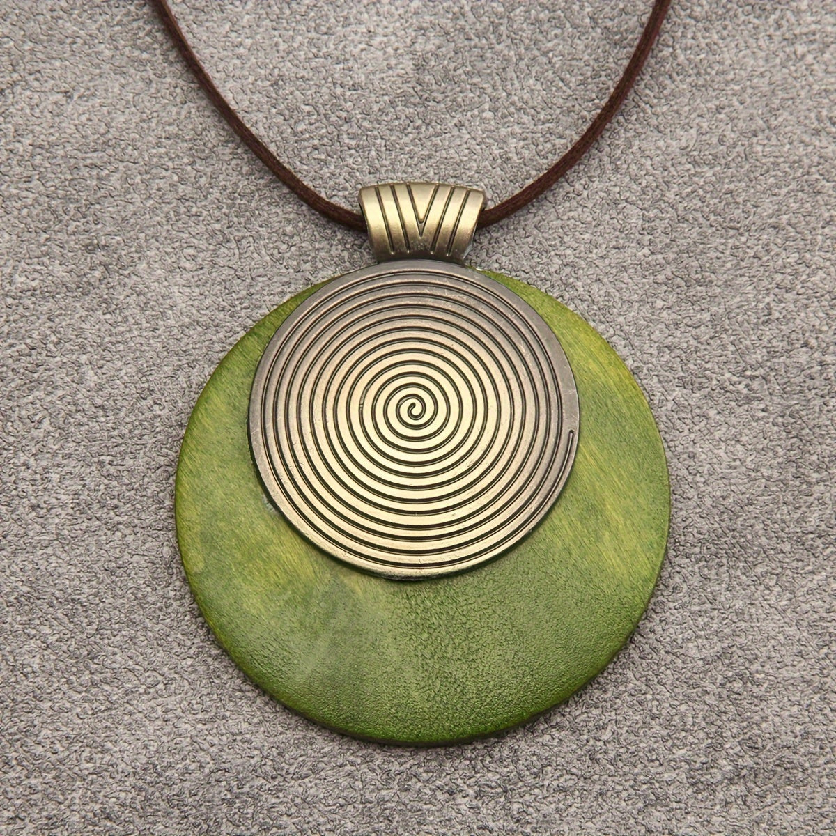 Spiral Wood Pendant Necklace with Gold-Tone Metal and Leather Cord