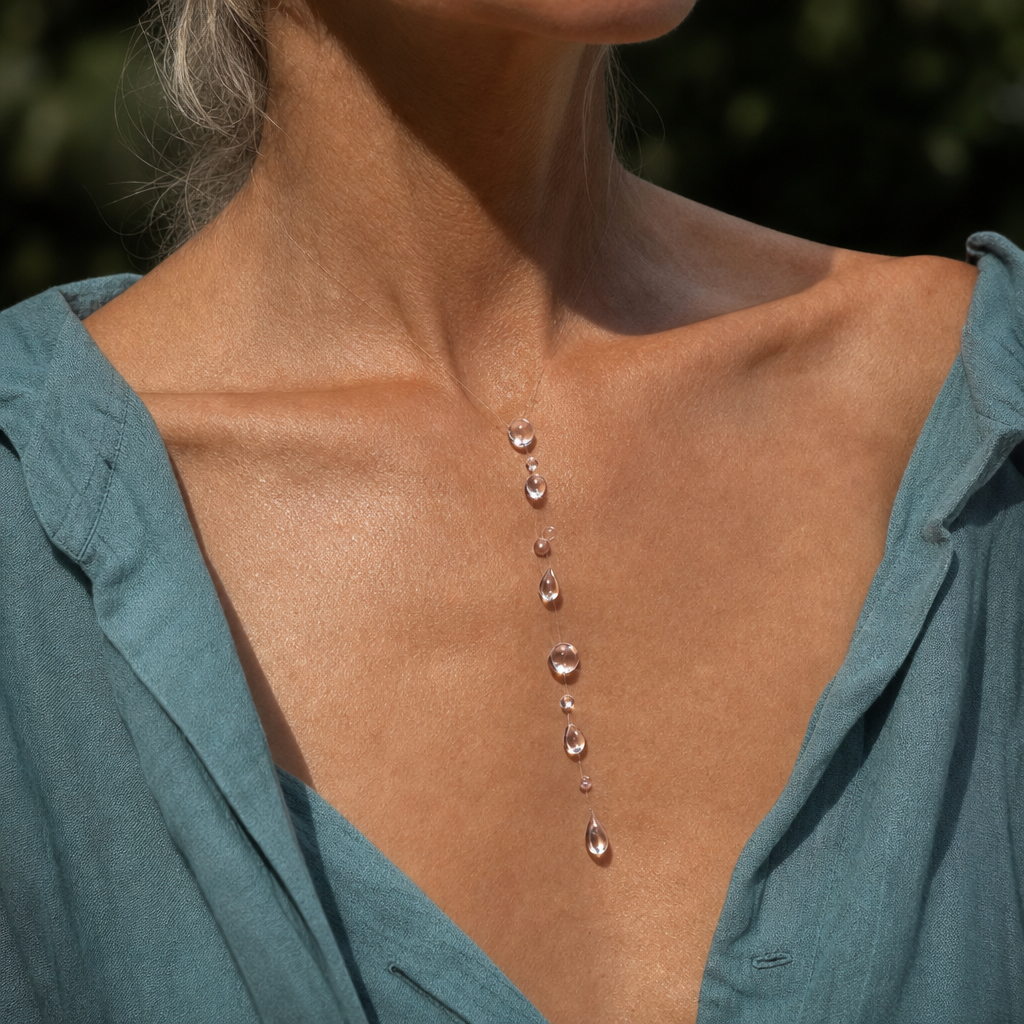 Graduated Teardrop Crystal Necklace with Faceted Rose-Tinted Beads on Silver-Tone Chain — main image