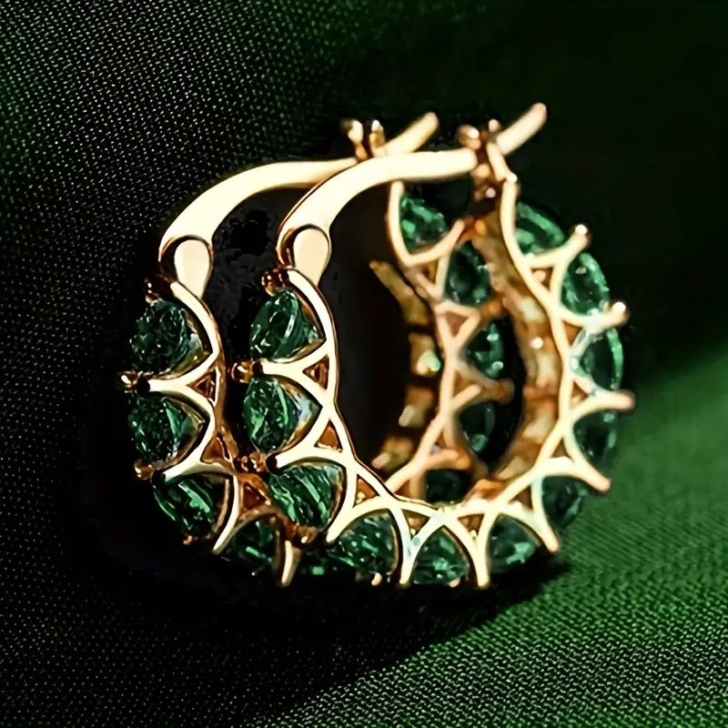 Emerald Hoop Earrings with Lattice Setting