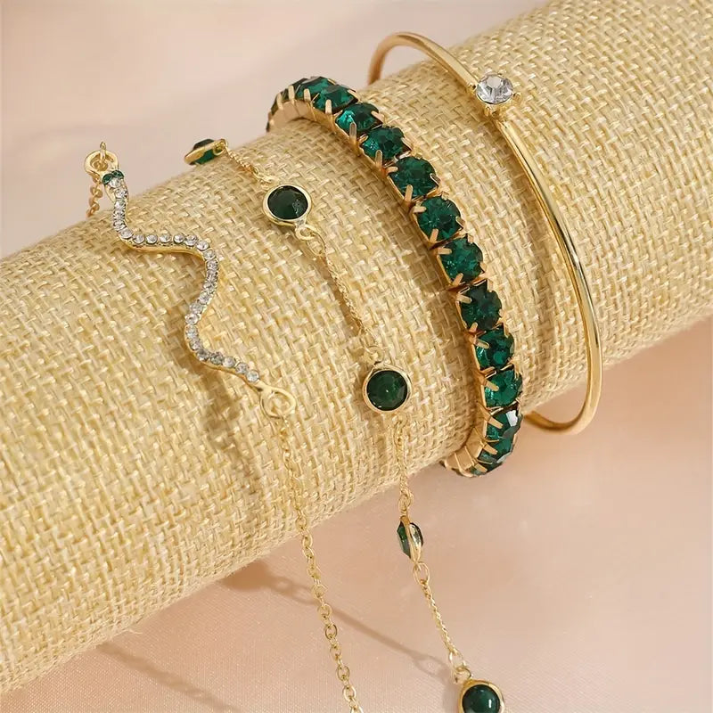 Emerald-Green Gemstone Bracelet Set with Crystal Accents, 4 Pieces