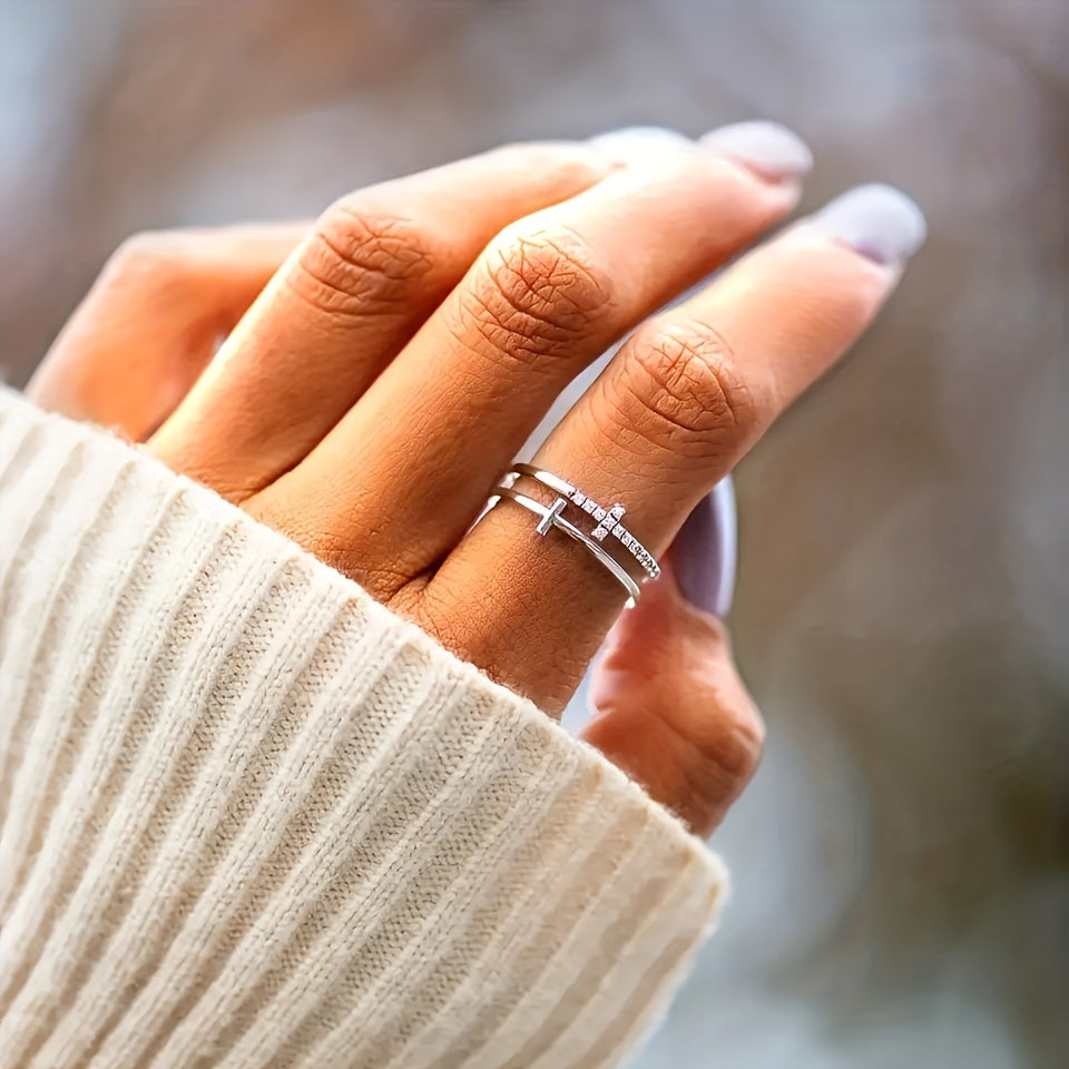 Double Cross Ring with Split Band and Cubic Zirconia Accent — view 2