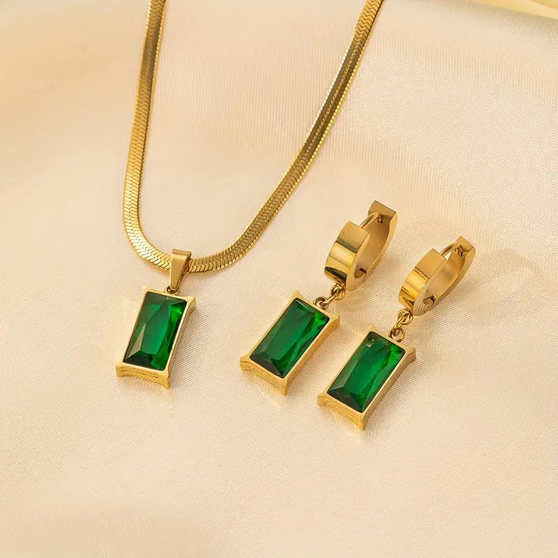 Emerald-Green Rectangular Stone Jewelry Set with Snake Chain Necklace & Hoop Earrings — view 2