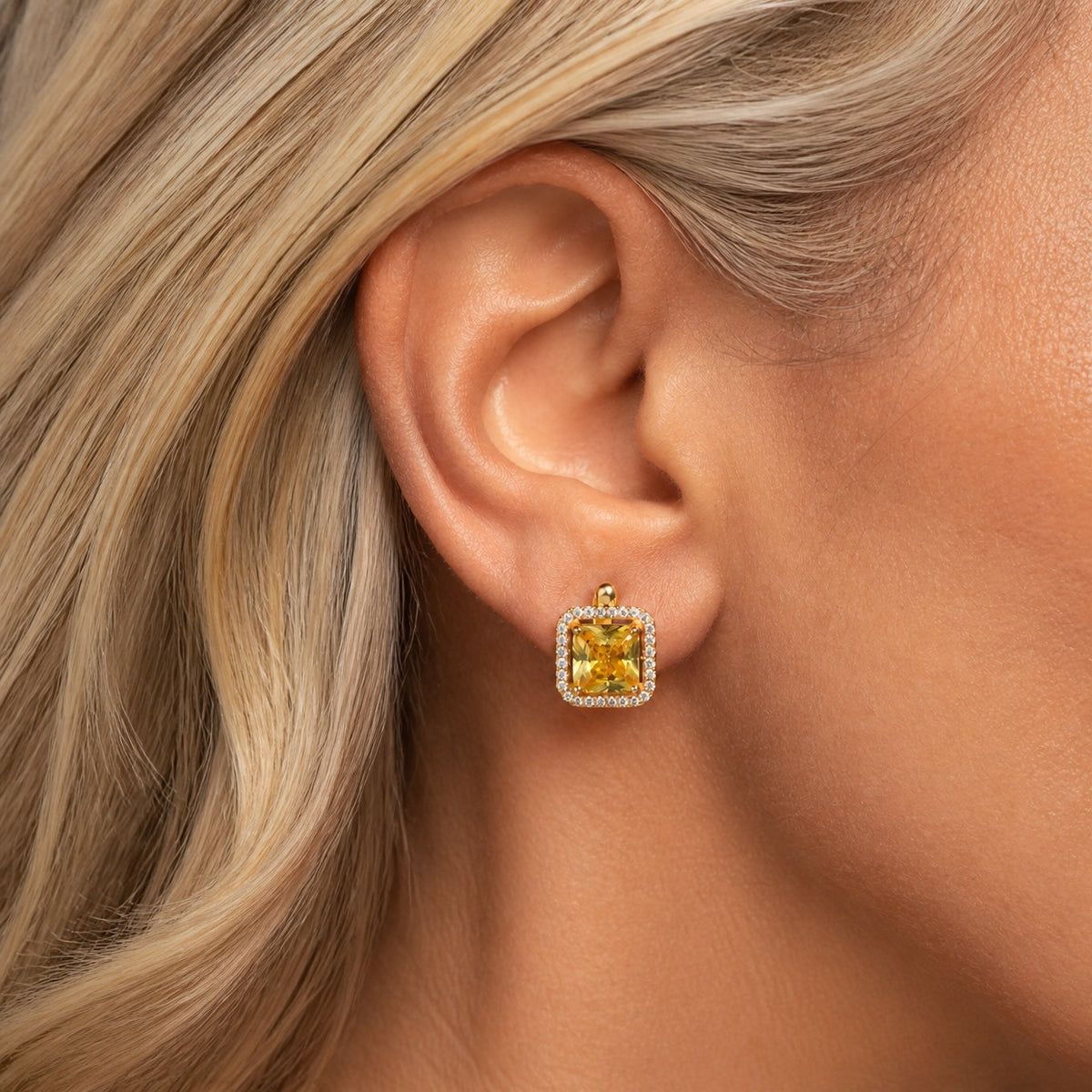 Square Halo Stud Earrings with Golden Cushion-Cut Stone and Cubic Zirconia Border — main image