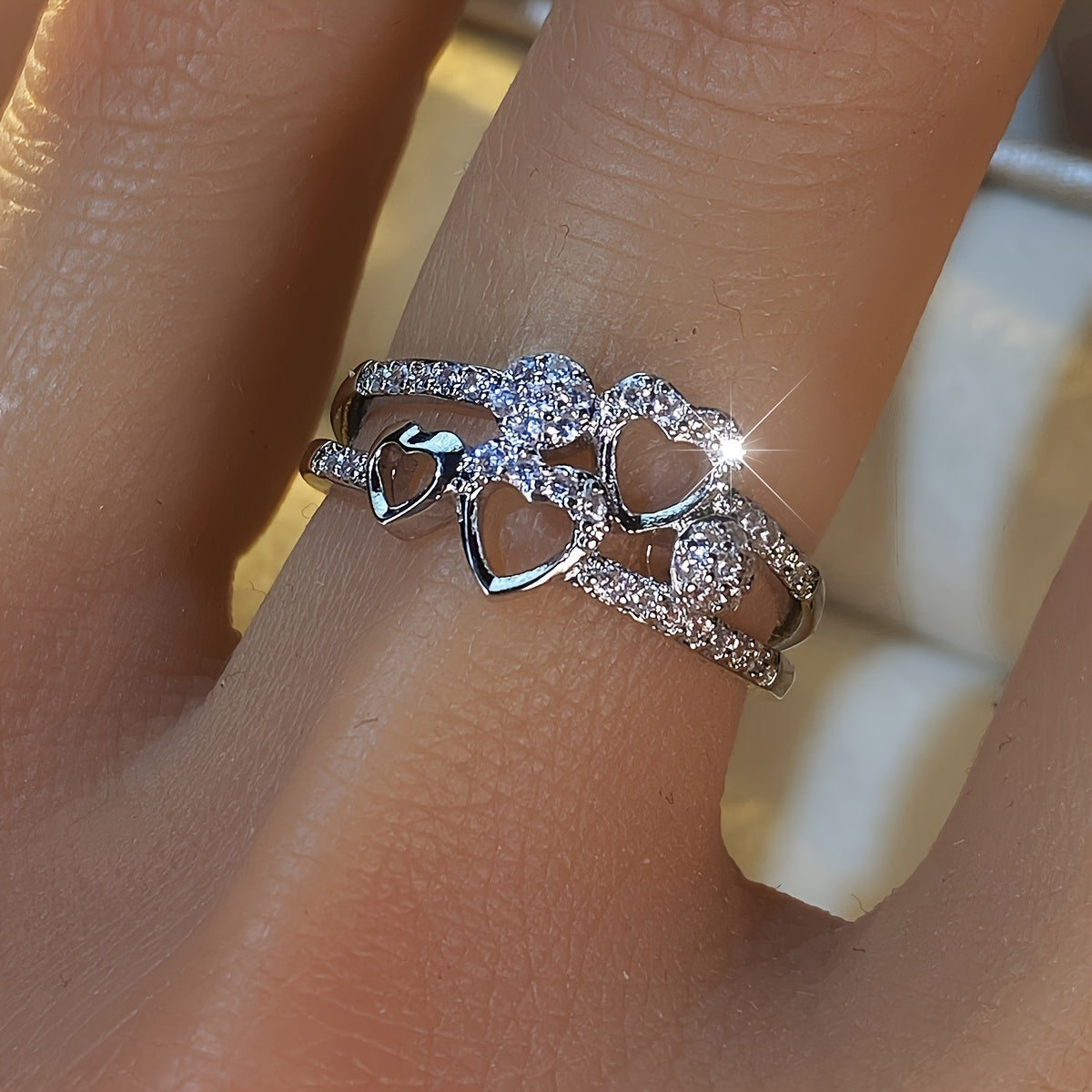 Multi-Heart Cubic Zirconia Cluster Ring with Pavé Band — view 3