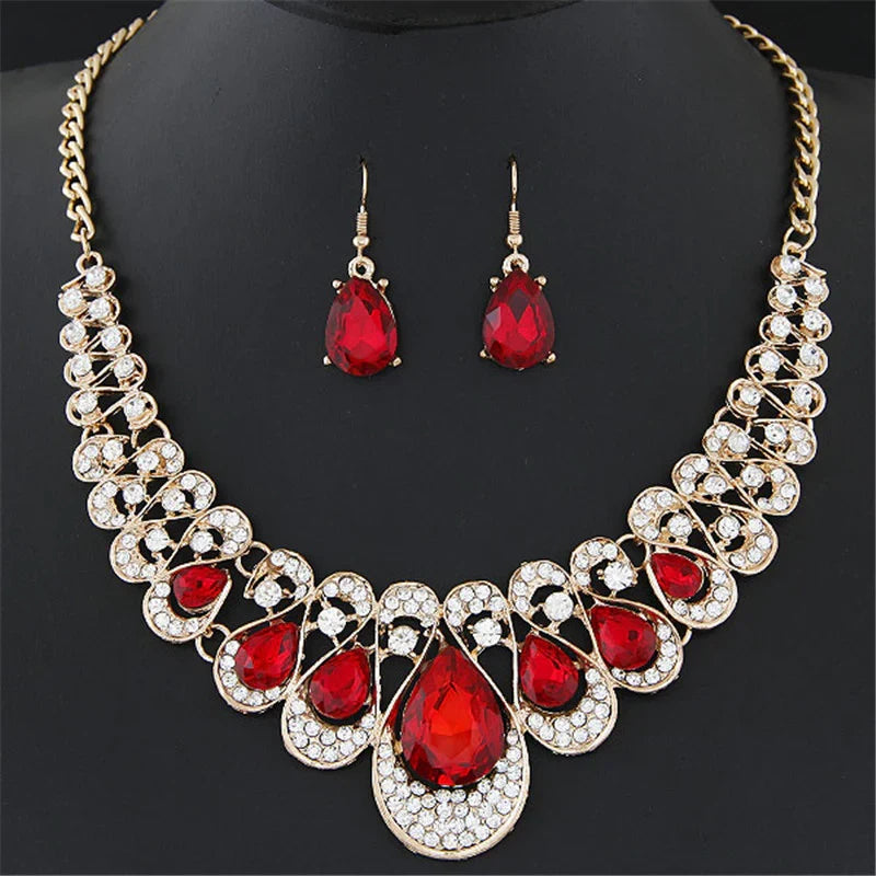 Teardrop Ruby-Red Crystal Necklace and Earring Set, Gold-Tone Tiered Design — main image