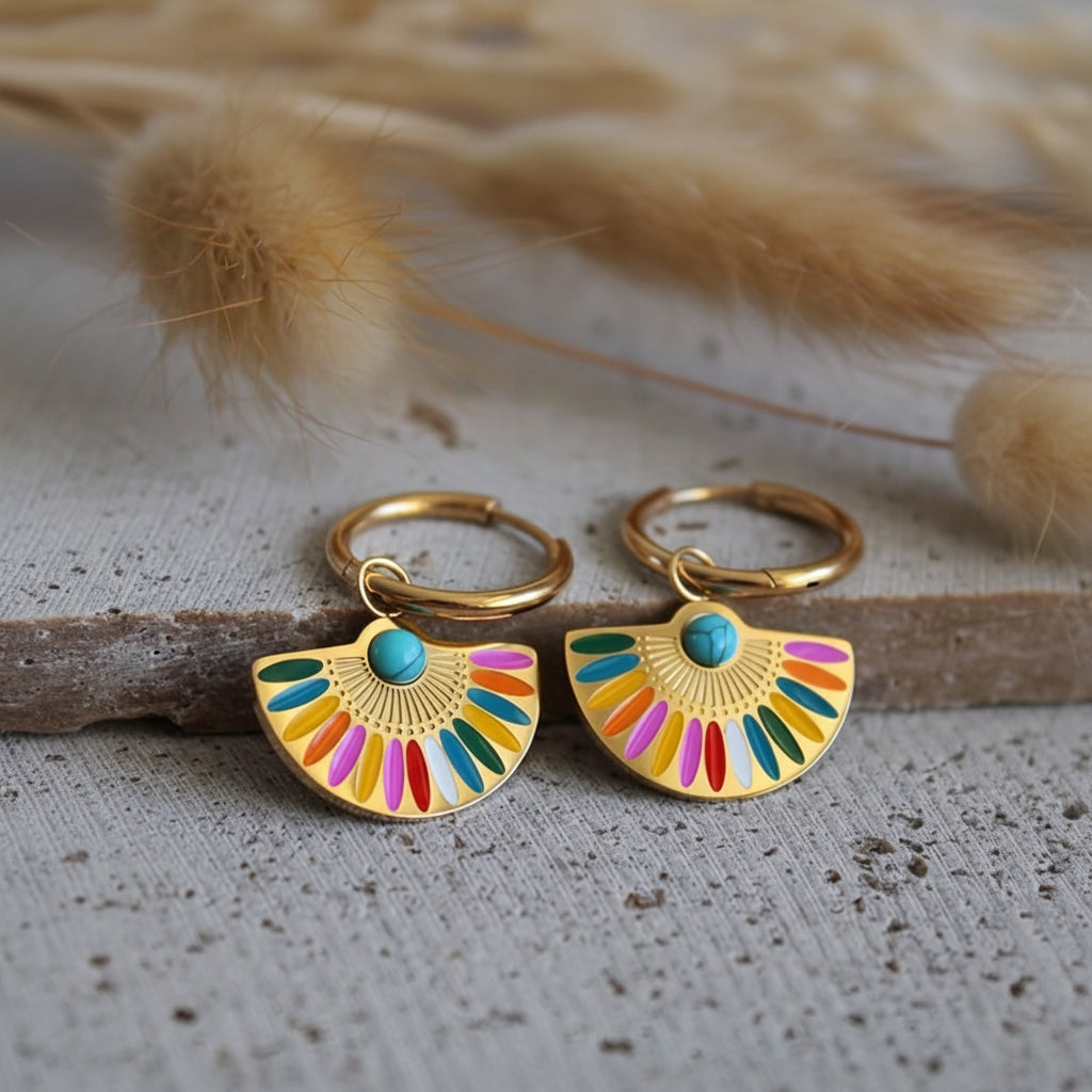 Fan-Shaped Turquoise Drop Earrings with Colorful Enamel Detail