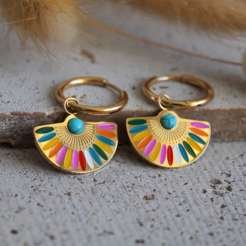 Fan-Shaped Turquoise Drop Earrings with Colorful Enamel Detail