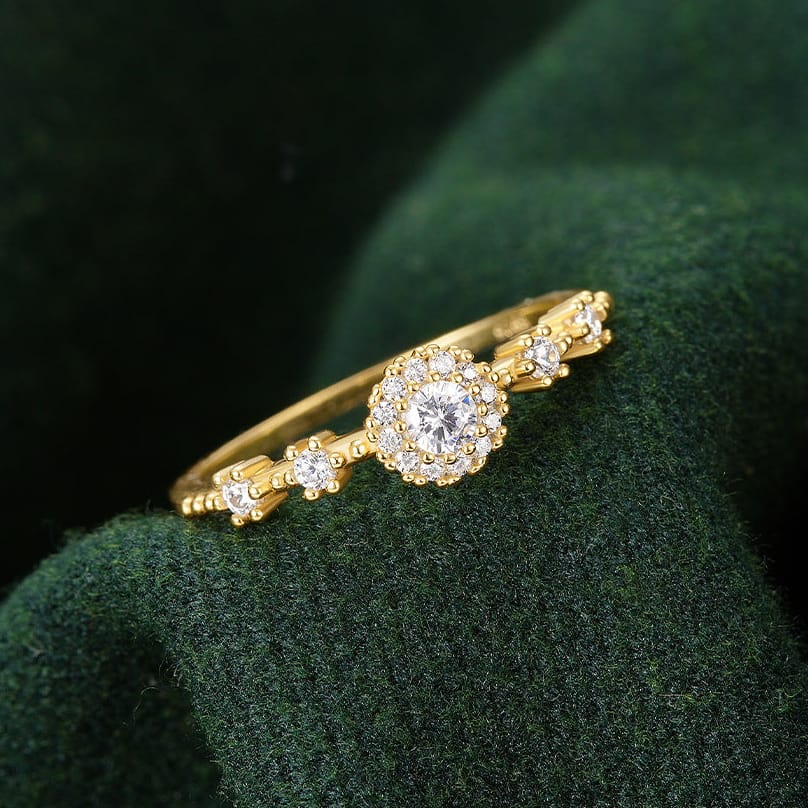 Round Halo Ring with Floral Band, Gold Tone