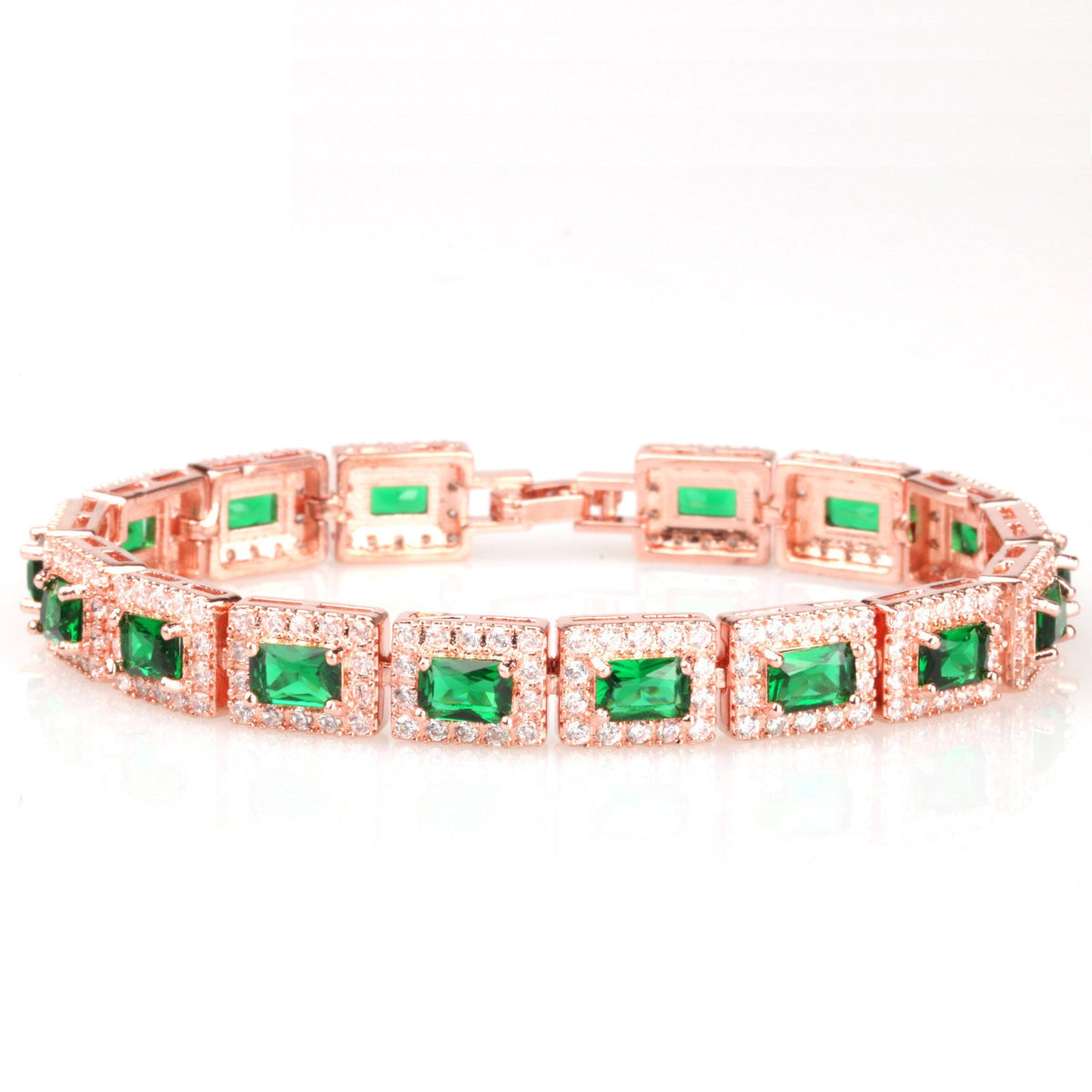 Emerald-Cut Green Stone Tennis Bracelet with Rose Gold Tone and Halo Accents — view 5
